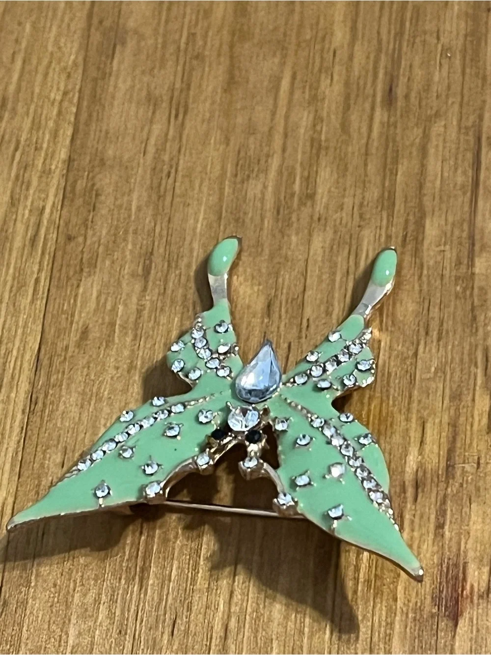 Mint green monarch butterfly brooch gold tone mintgreen enamel rhinestone 1 1/2”
